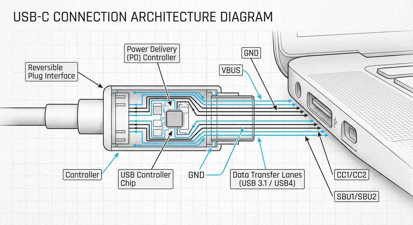 Labeled cross-section diagram of a USB-C connector and laptop port architecture