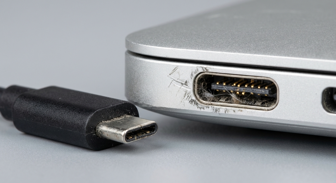 Close-up image of a broken and dusty USB-C port on a silver laptop