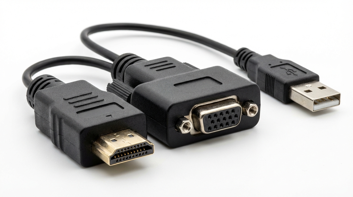 High-detail image of an HDMI to VGA adapter with an attached USB power cable on a clean white background