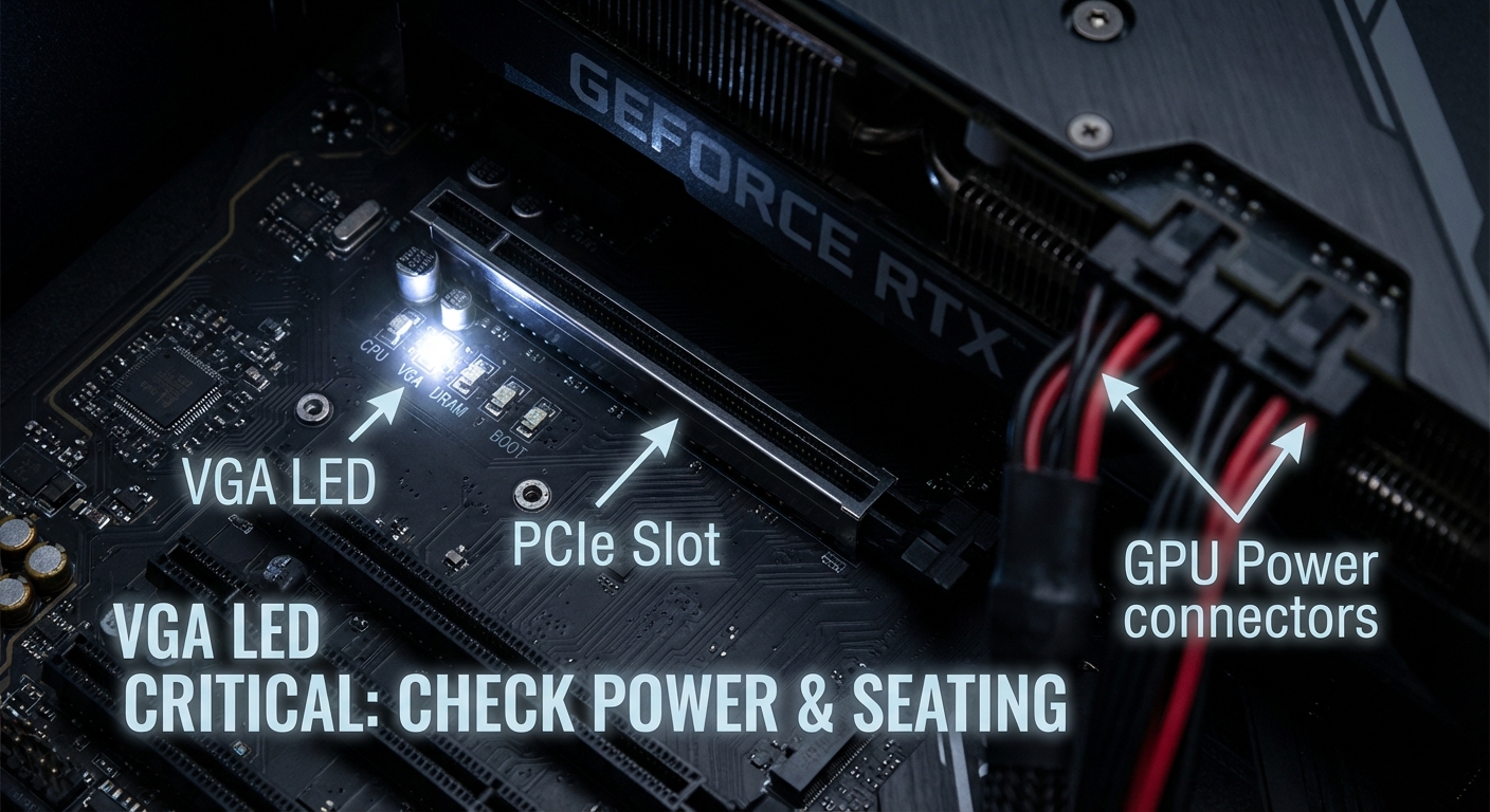 Close-up of a motherboard highlighting a white VGA light