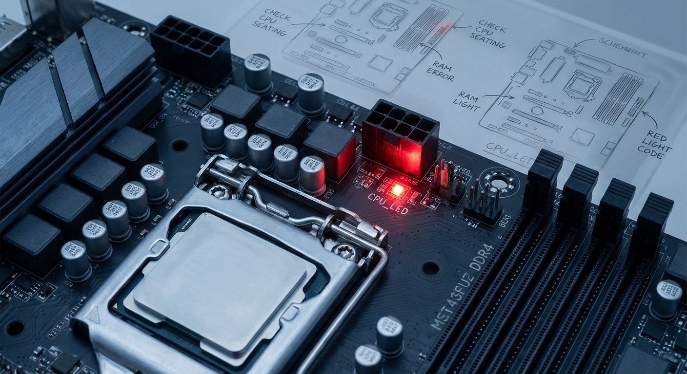 Close-up view of a computer motherboard showing red light signals