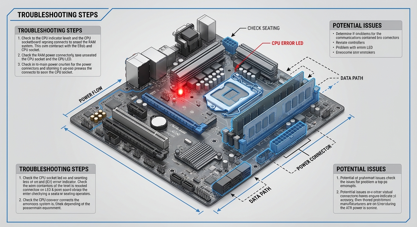 Diagram showing a motherboard with components labeled and red light indicator illustrated.