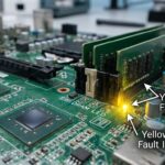 Close-up view of a computer motherboard showcasing a glowing yellow LED light indicating DRAM issues.