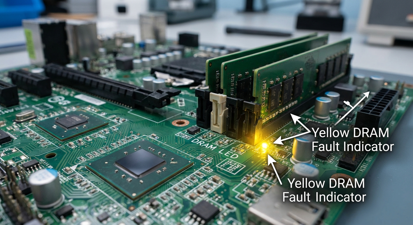Close-up view of a computer motherboard showcasing a glowing yellow LED light indicating DRAM issues.
