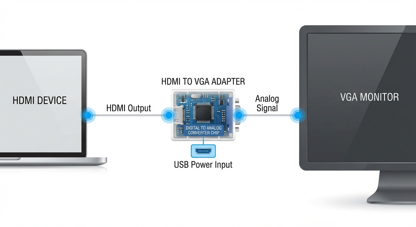Diagram showing HDMI signal converted to VGA using a powered active converter chip