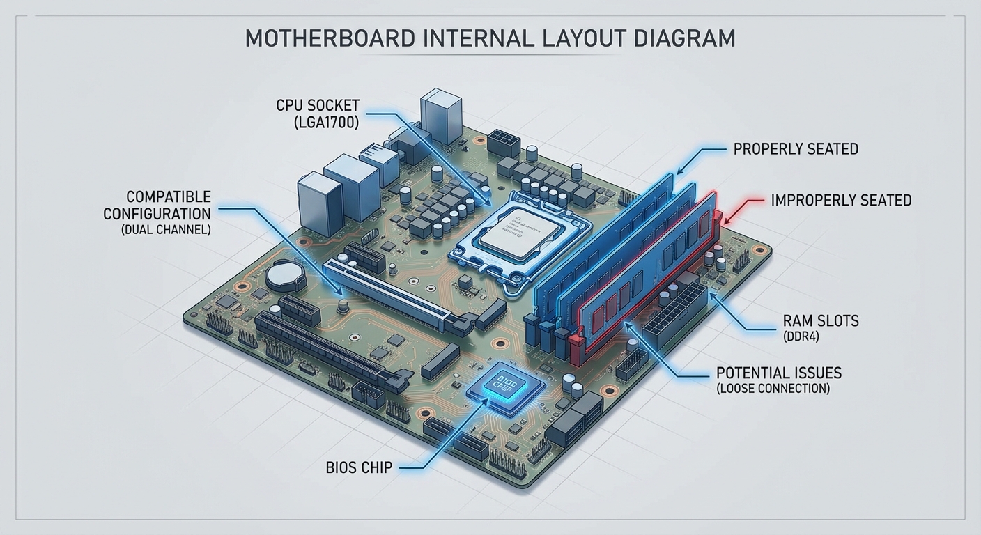 Diagram illustrating the internal layout of a motherboard emphasizing RAM slots