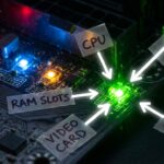 Close-up of motherboard with green LED indicators