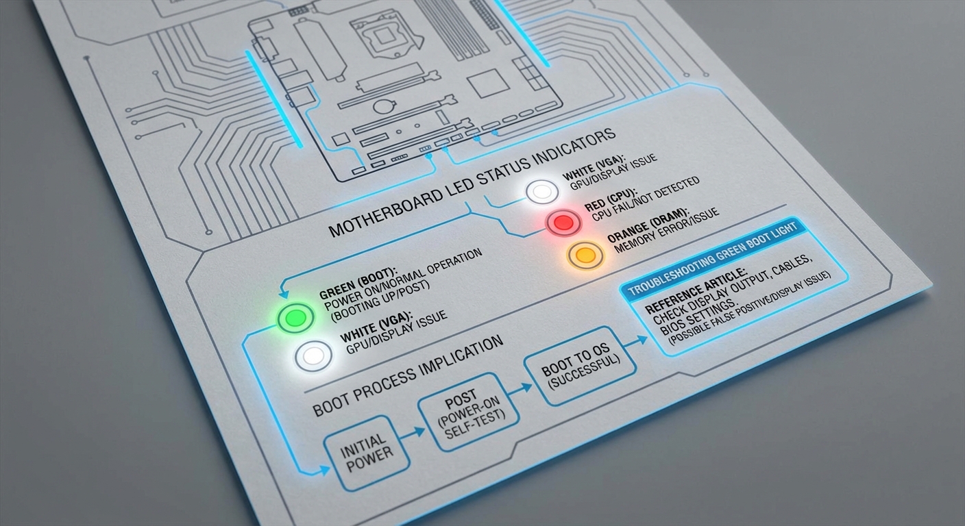 Diagram showing motherboard LED color codes and their meanings