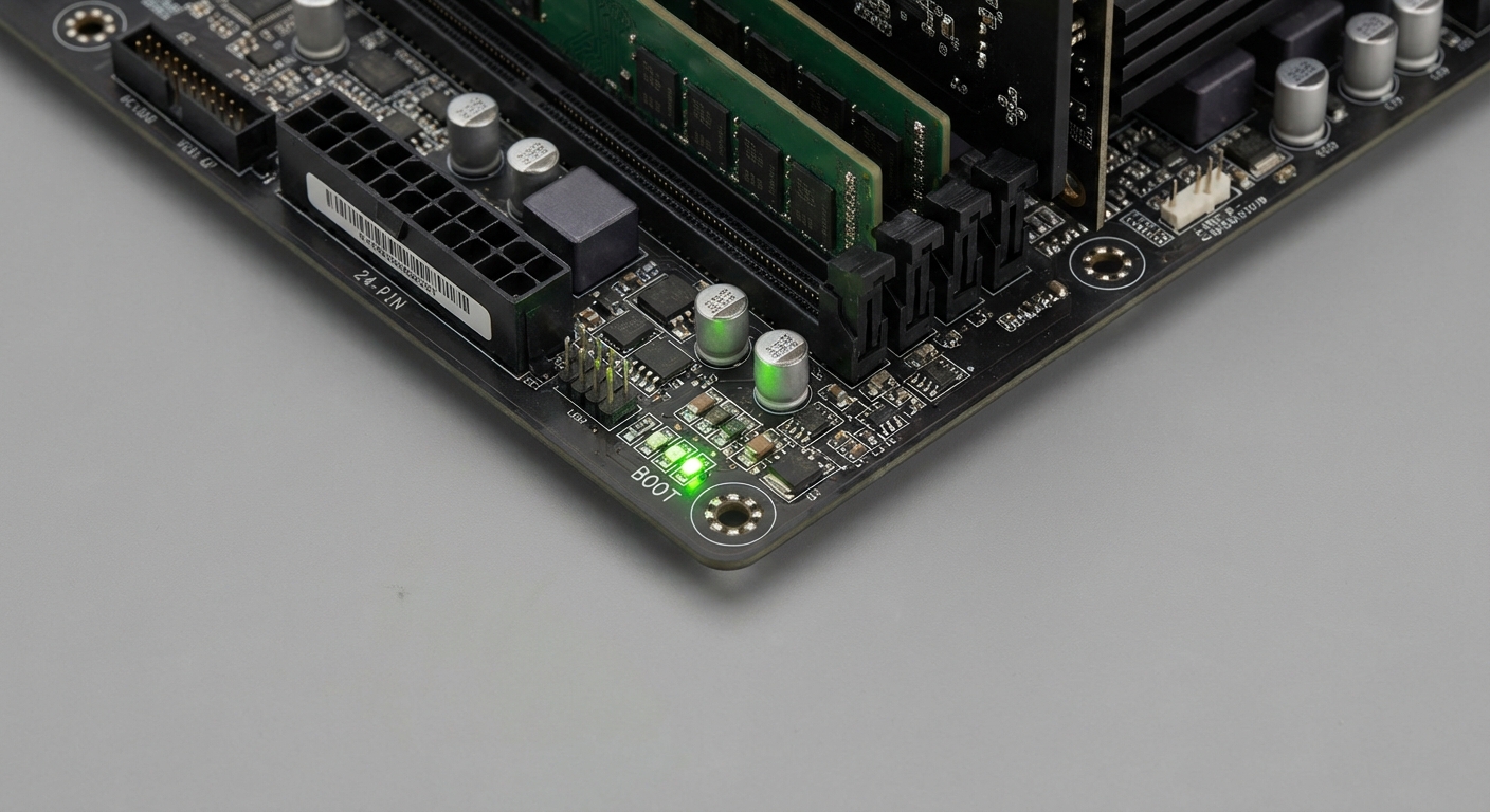 Close-up view of a motherboard displaying illuminated green boot light