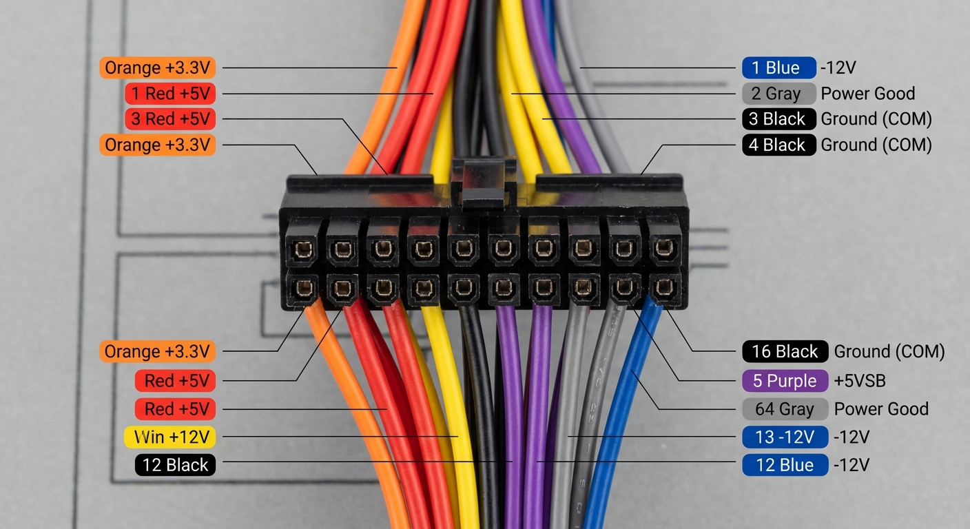 Diagram of a standard 24-pin Molex connector pinout with color codes