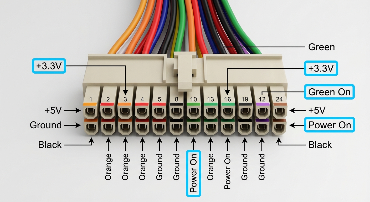 Educational diagram of Standard 24-Pin Molex Connector with pinout color codes
