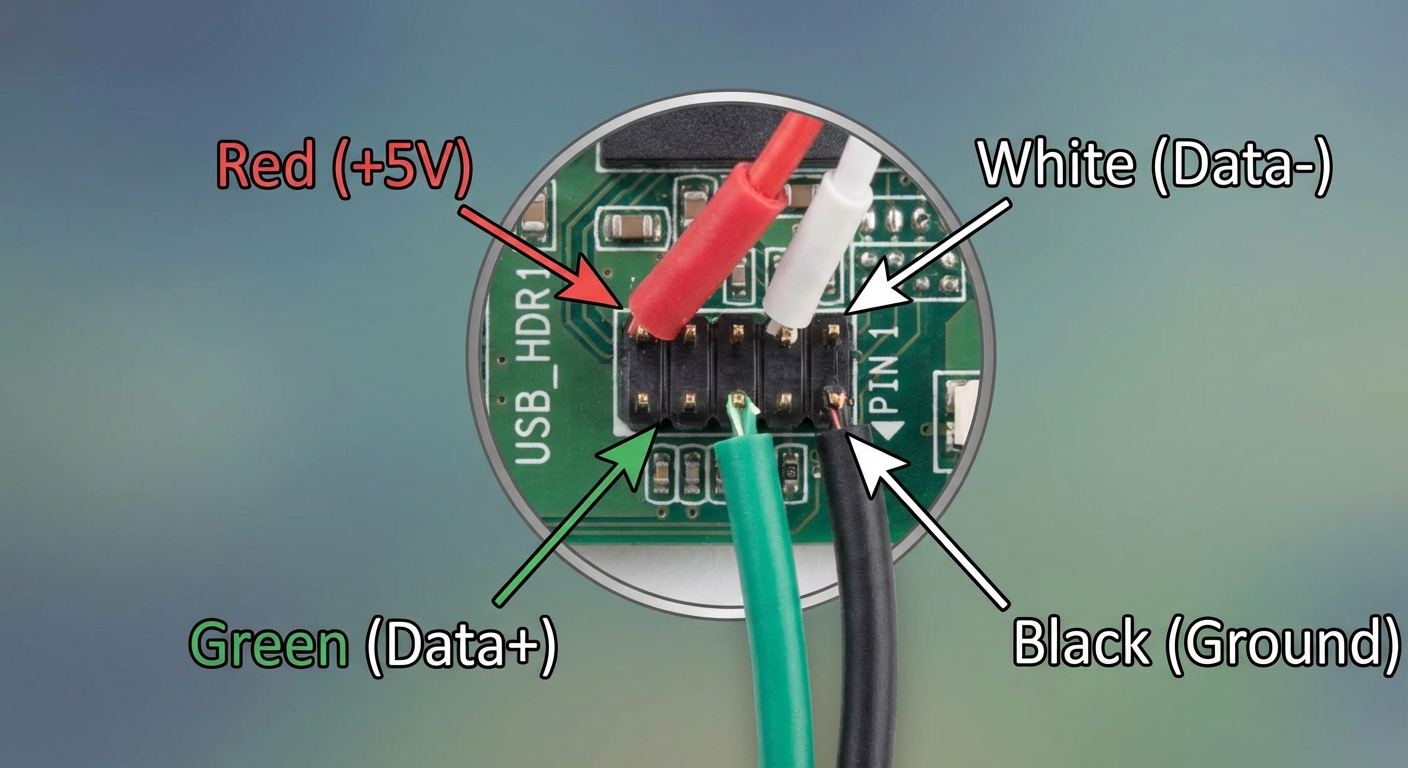Diagram of USB 2.0 header wire color codes