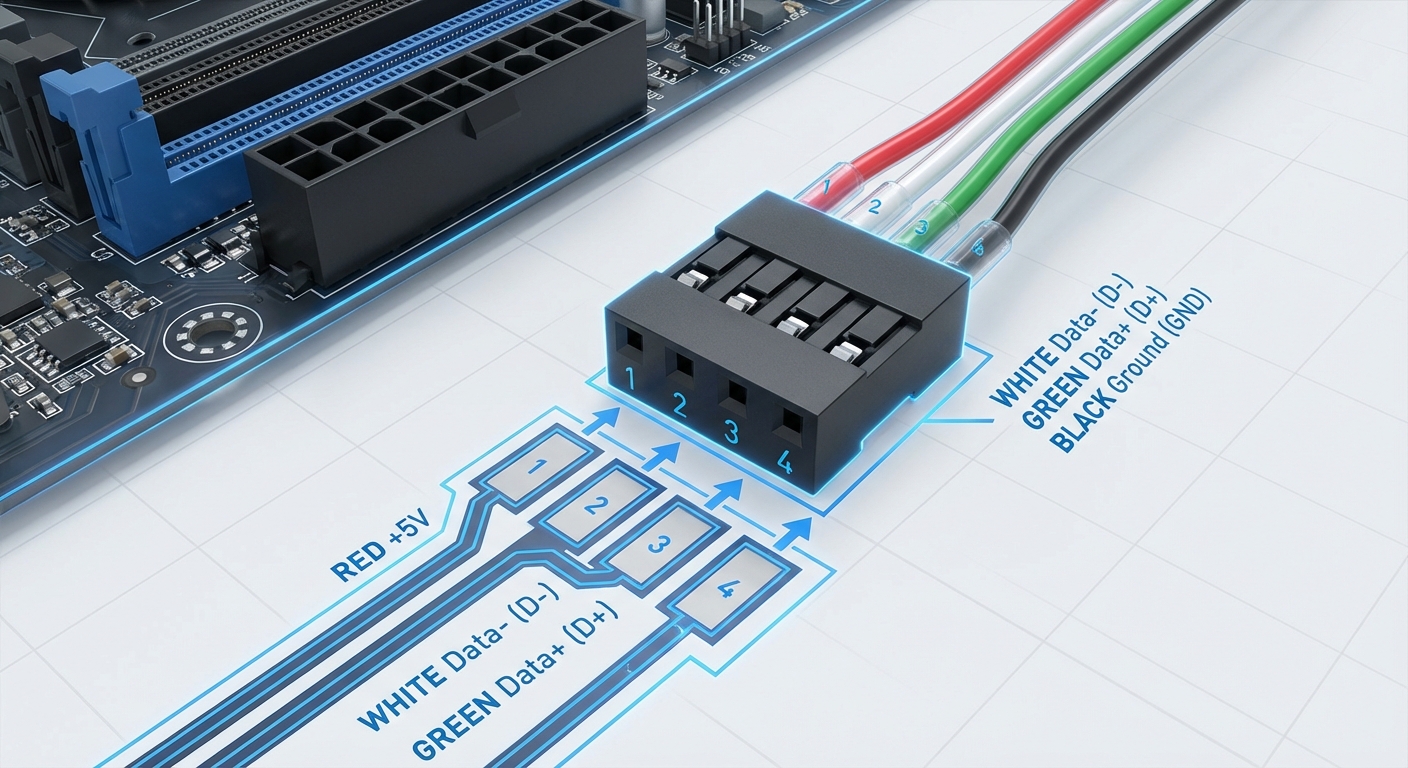 Diagram showing USB 2.0 header wire color codes and pinout configuration