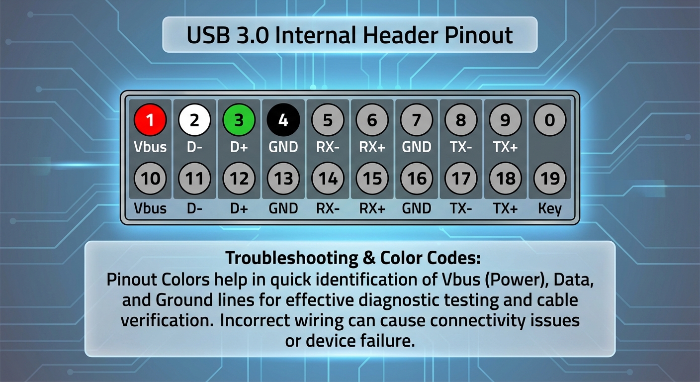 Diagram of USB 3.0 internal header pinout with color codes