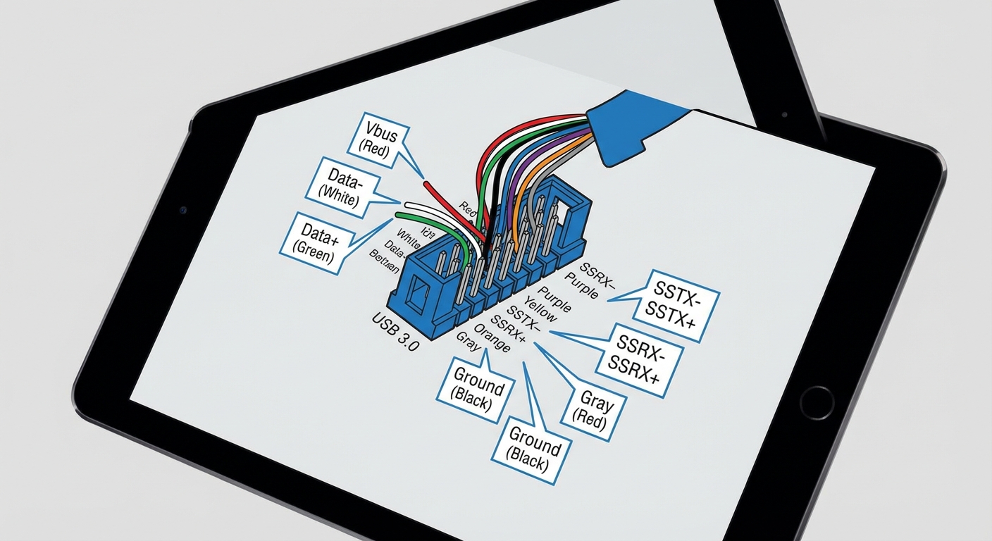 Diagram illustrating the pinout configuration and color codes of a USB 3.0 internal header.