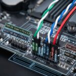 Close-up of PC front panel header connectors on a motherboard