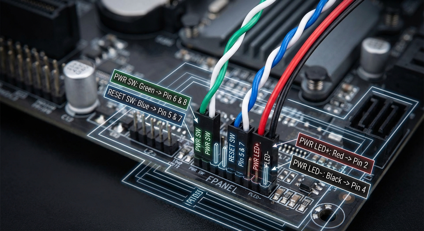 Close-up of PC front panel header connectors on a motherboard