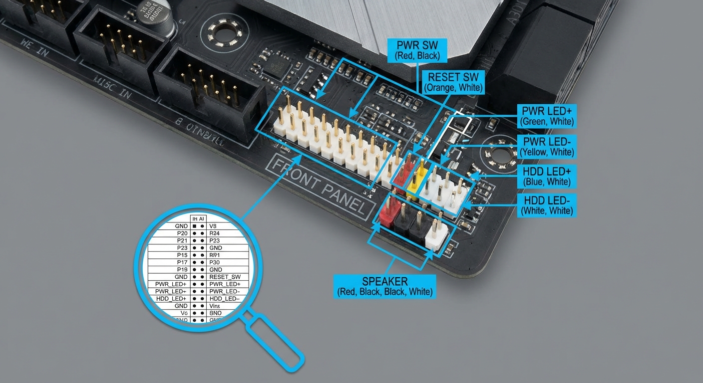 Diagram showing pin layouts and color codes for PC front panel connectors