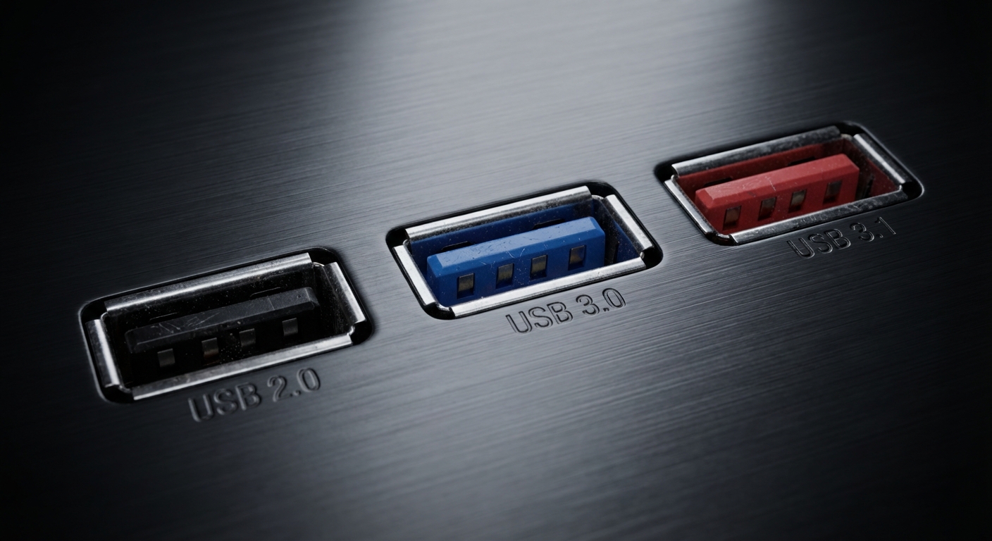 Macro photo showing USB ports with black, blue, and red colors representing USB 2.0, 3.0, and 3.1 respectively