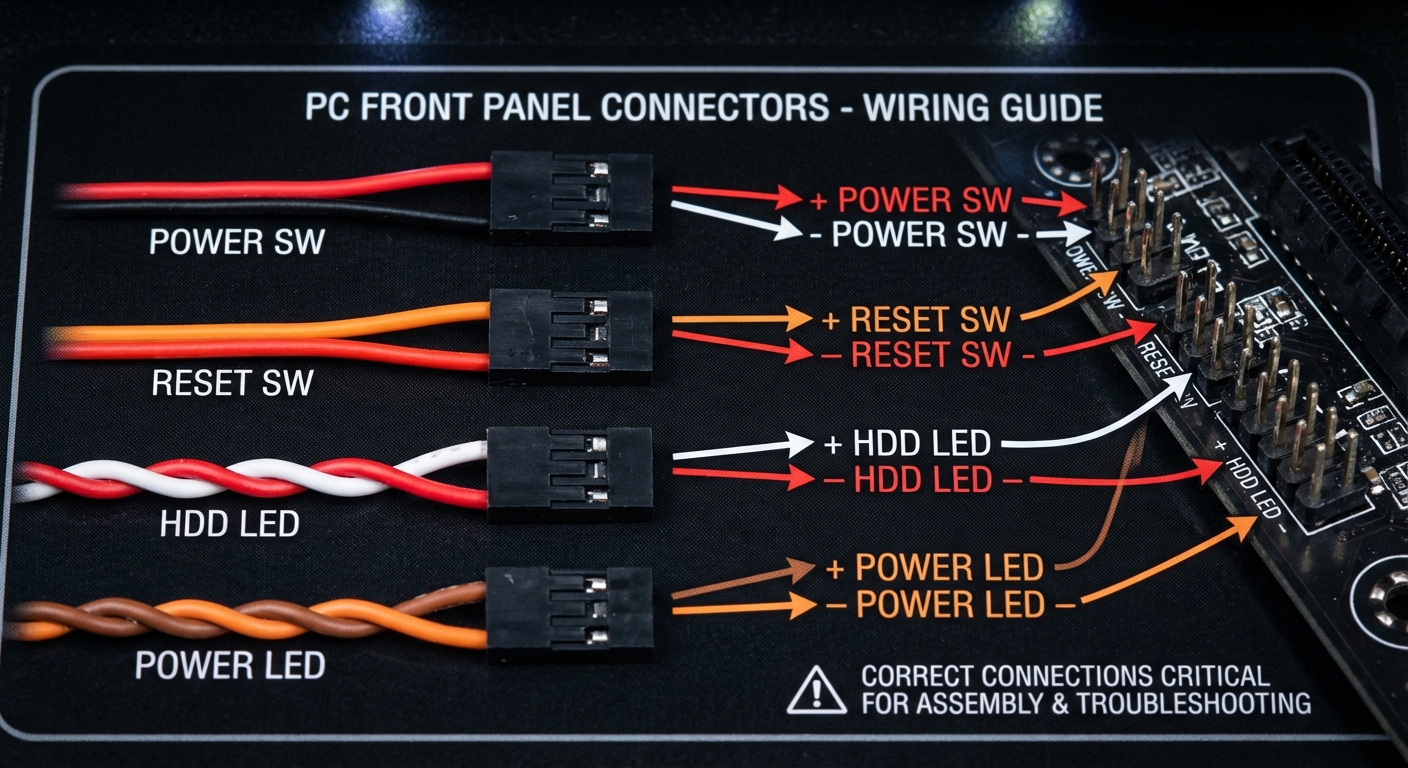 Color-coded diagram of PC power and reset switch wire connections