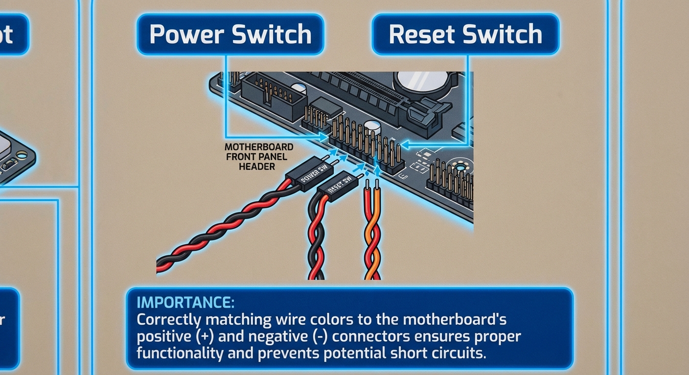 Diagram showing power button and reset switch wiring to motherboard.