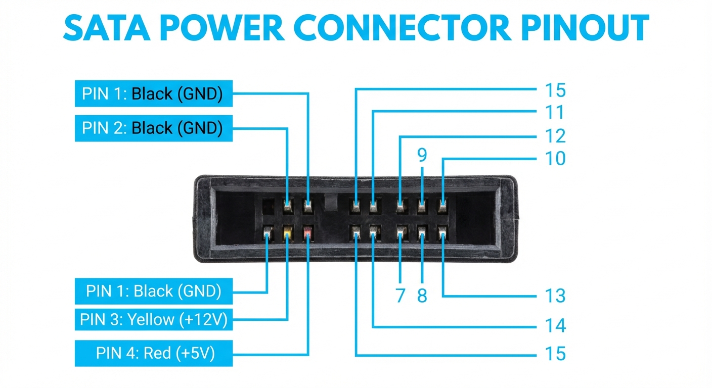 Diagram of SATA power connector pinout with color coding.