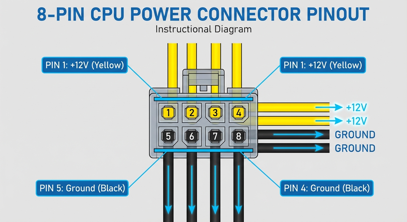 Diagram showing the pinout configuration of an 8-pin CPU power connector
