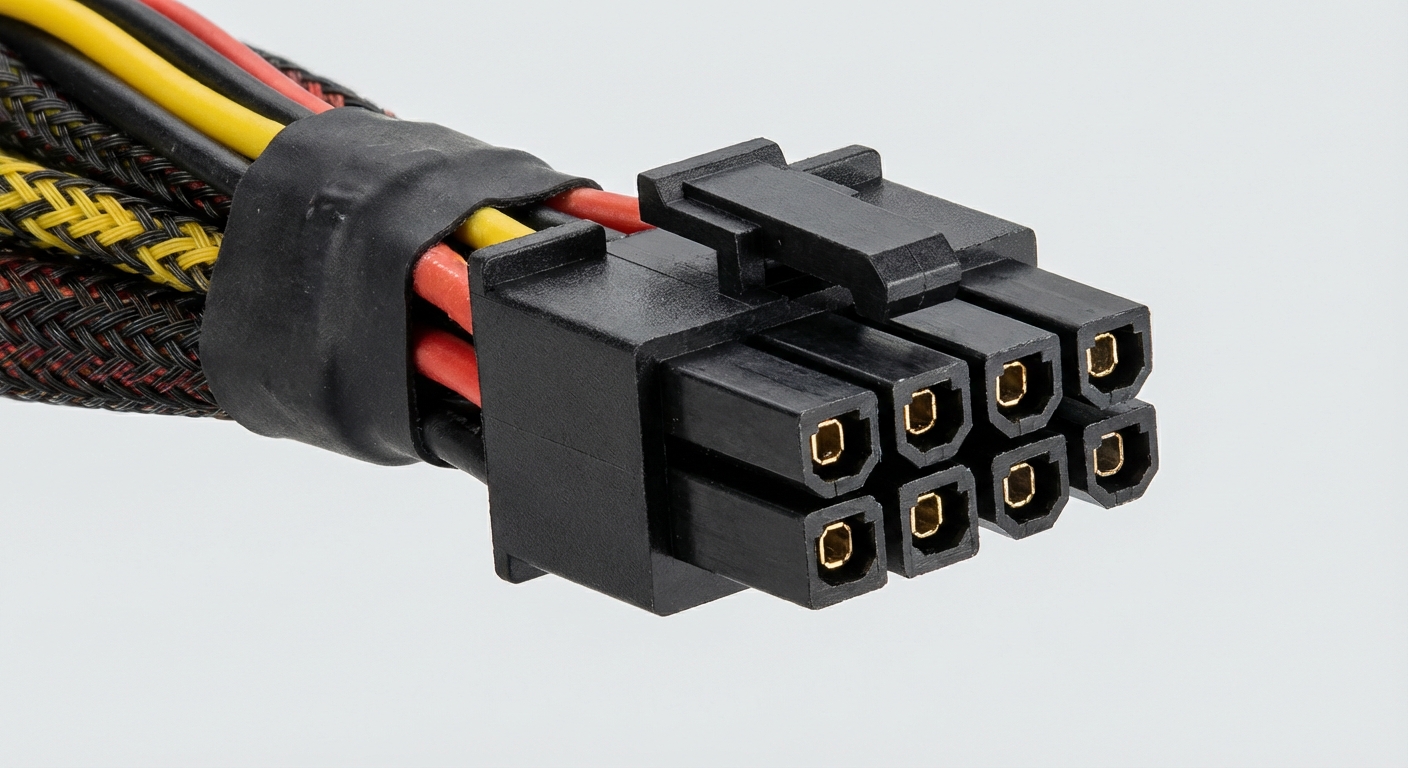 Close-up photograph of an 8-pin CPU power connector and cables