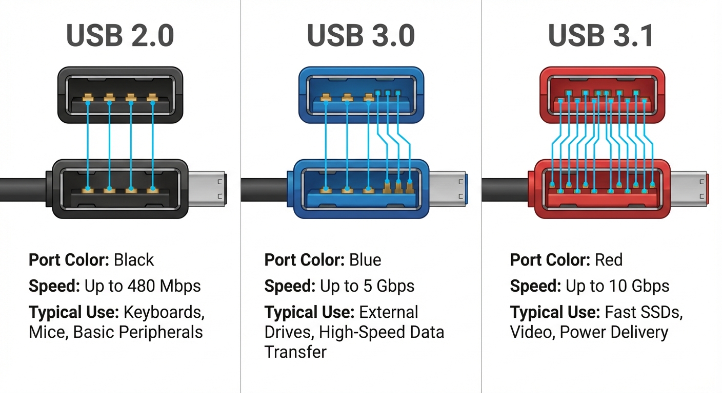 Educational diagram comparing USB 2.0, USB 3.0, and USB 3.1 ports and their pin configurations