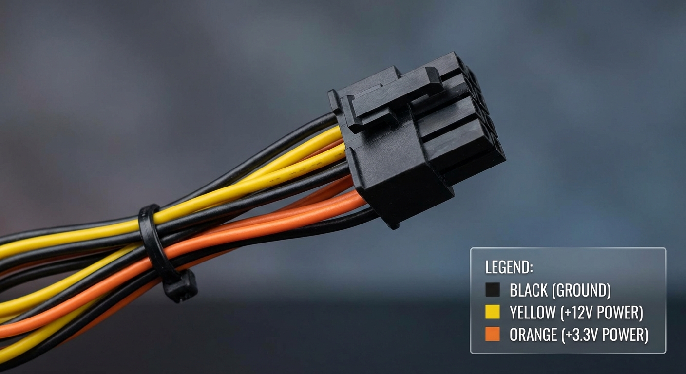 Close-up of PCIe 6+2 pin power cable with color-coded wires