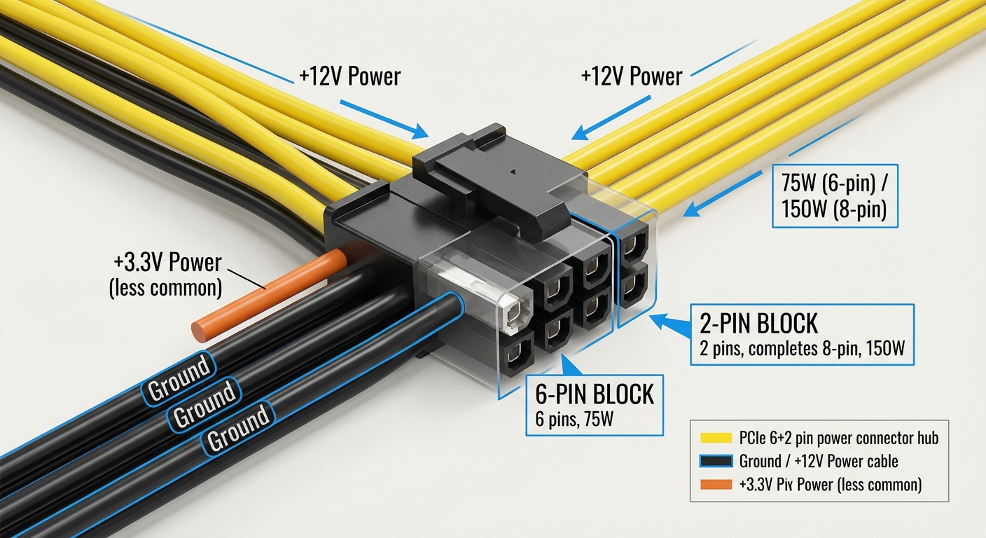 Diagram illustrating the PCIe 6+2 pin power connector configurations and their color codes