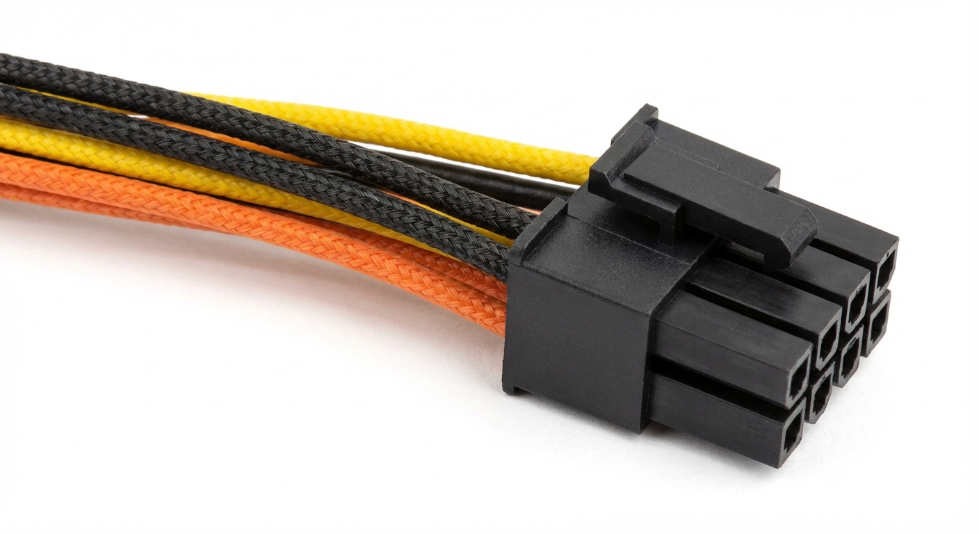 Detailed image of a PCIe 6+2 pin power cable showcasing wire colors and connector