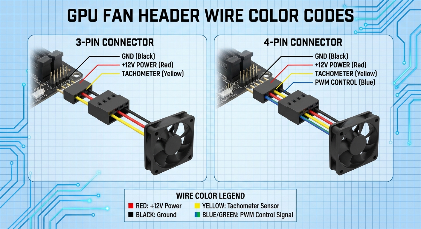 Diagram showing GPU fan header wire color codes