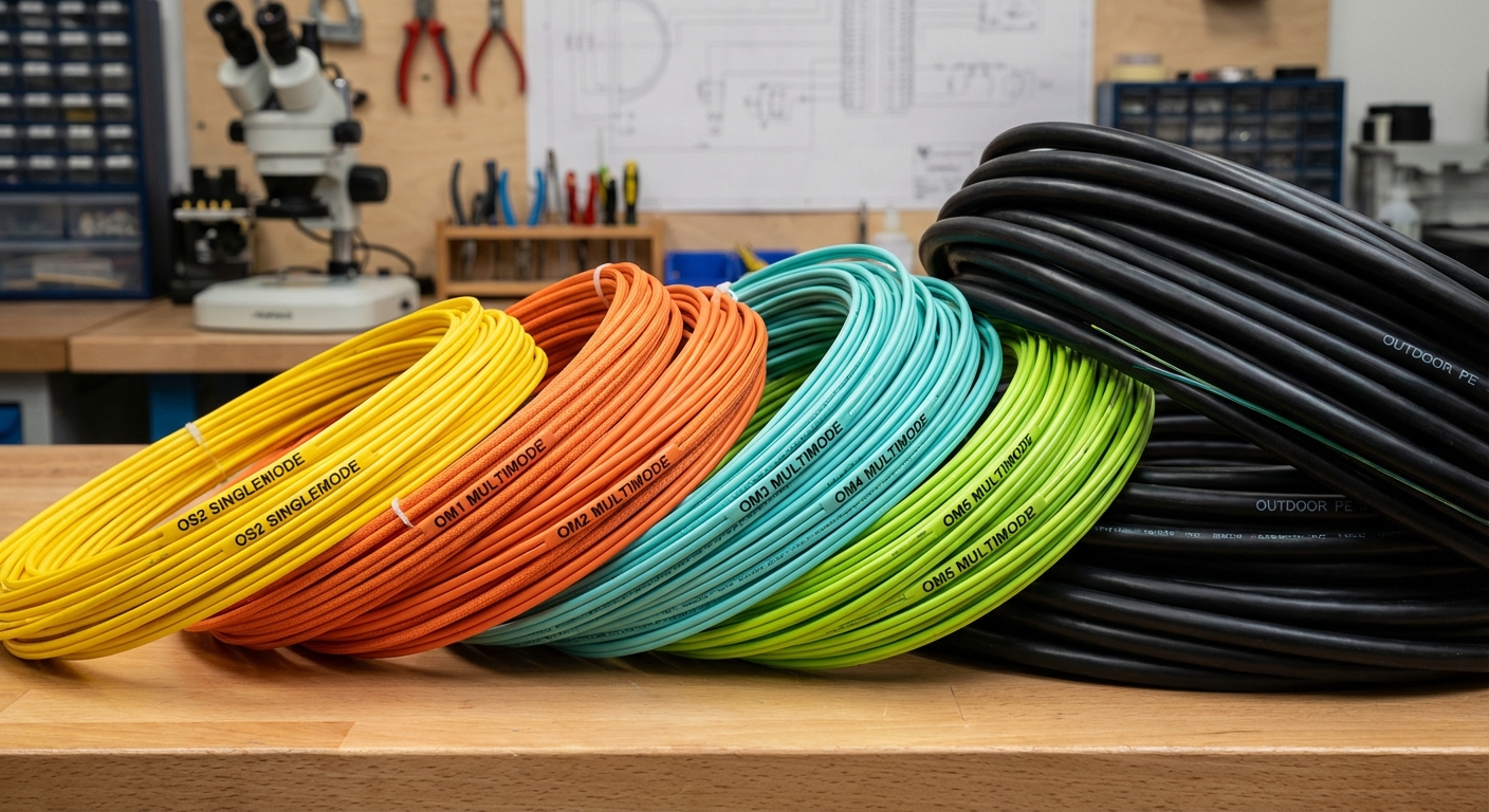A variety of fiber optic cables with color-coded jackets