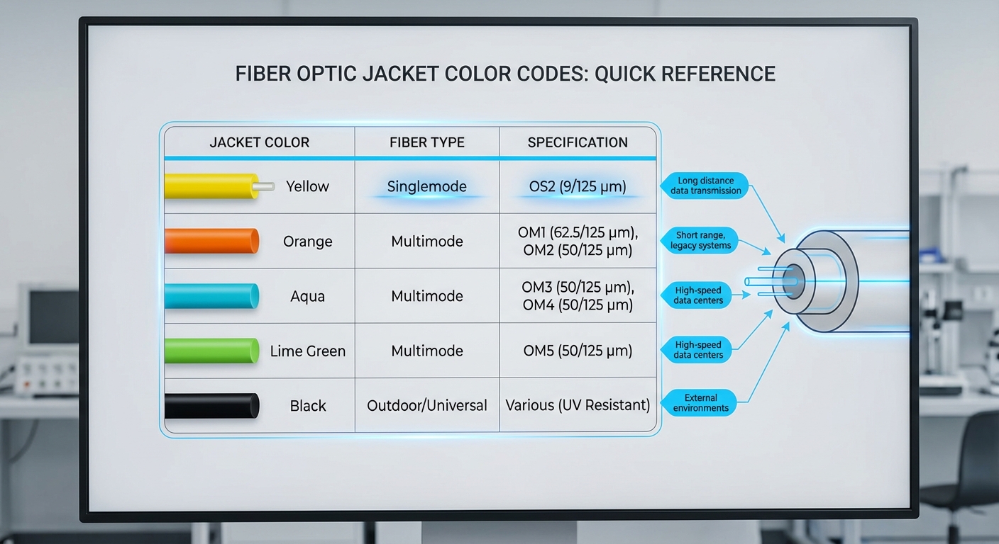 Diagram of fiber optic jacket color codes with specifications