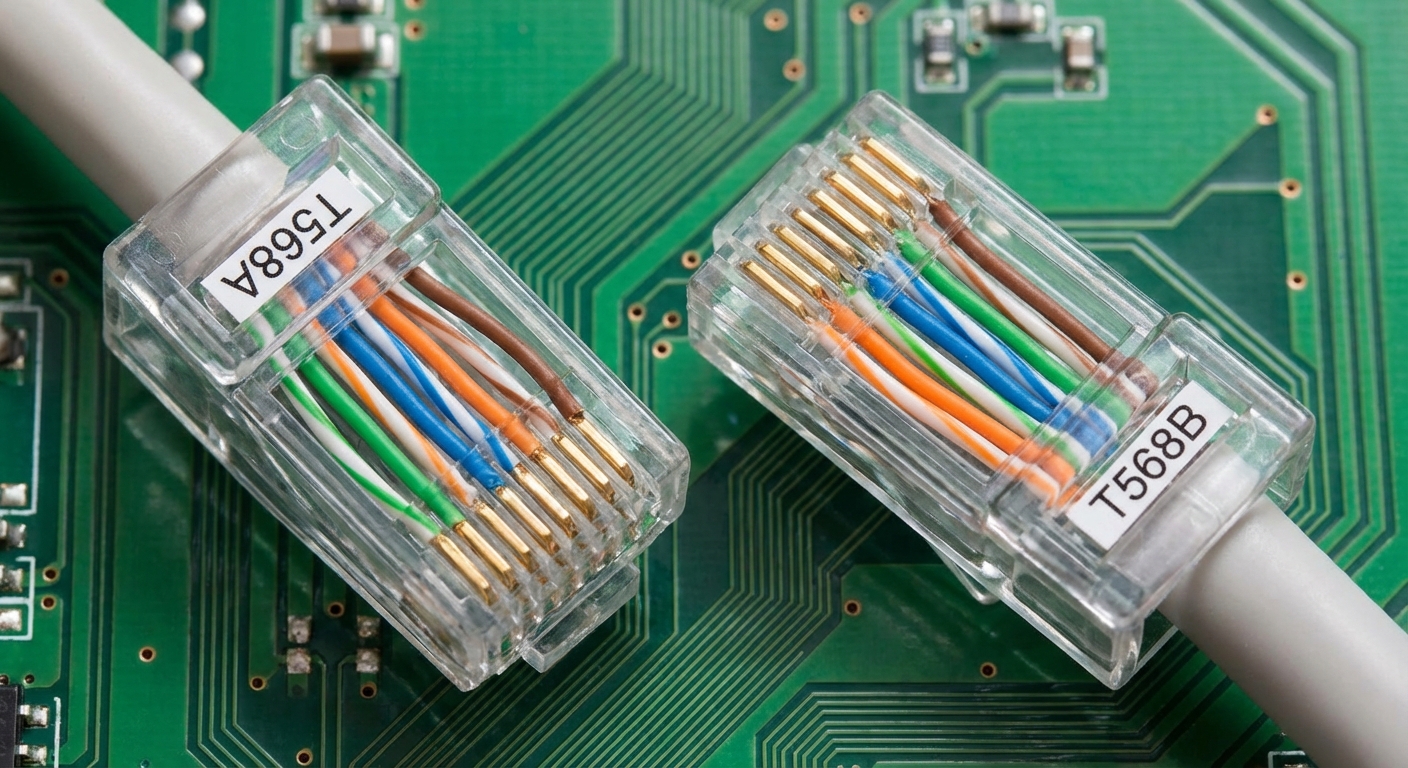 Comparison of T568A and T568B wiring standards for RJ45 connectors