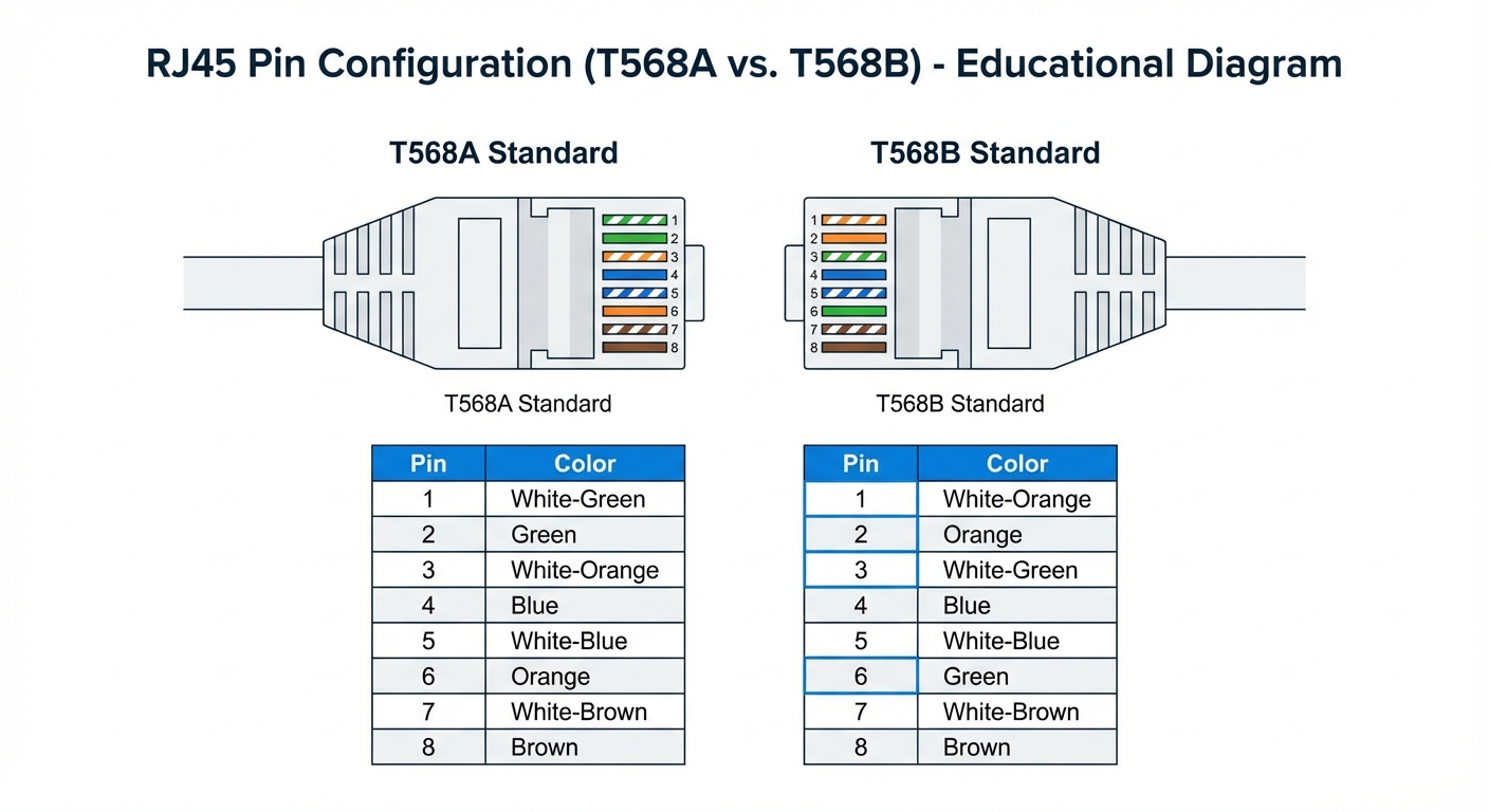 Labeled diagram comparing T568A and T568B wiring color codes for RJ45 connectors.