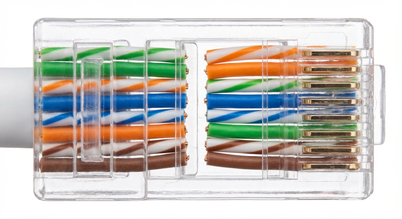 Photorealistic image of an RJ45 connector showing internal wiring for T568A and T568B standards.