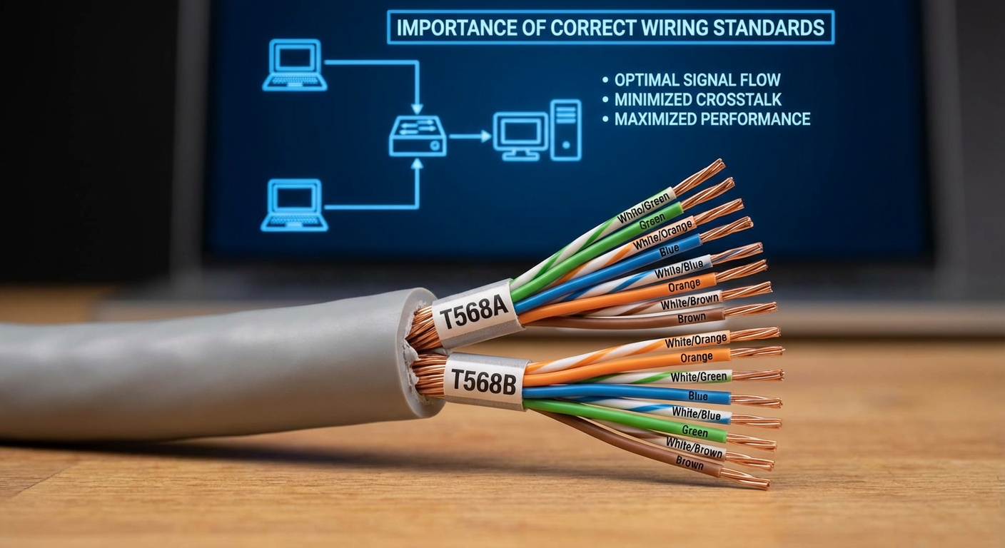 Color codes of Cat6 Ethernet cable's internal wires with T568A and T568B standards