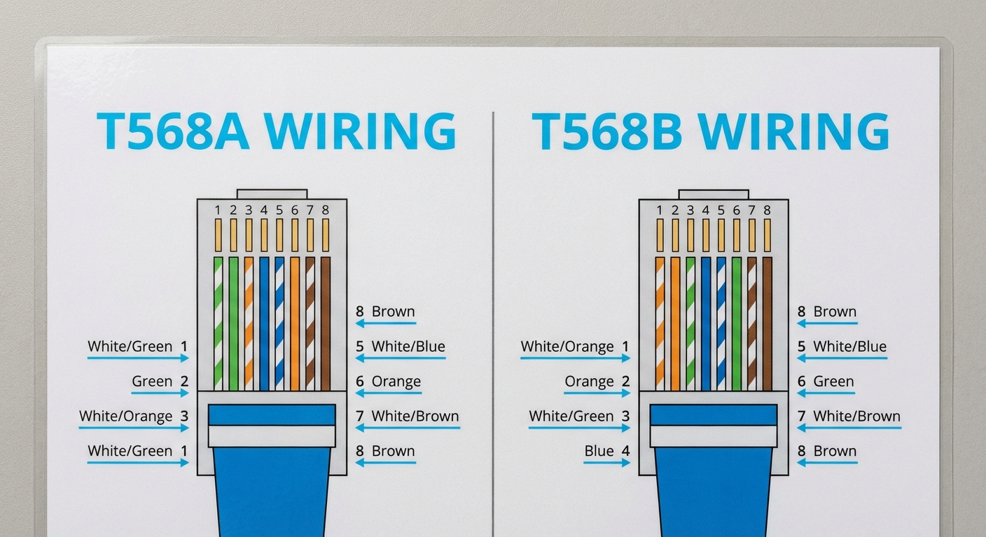 Diagram showing T568A and T568B color codes for Cat6 Ethernet cables