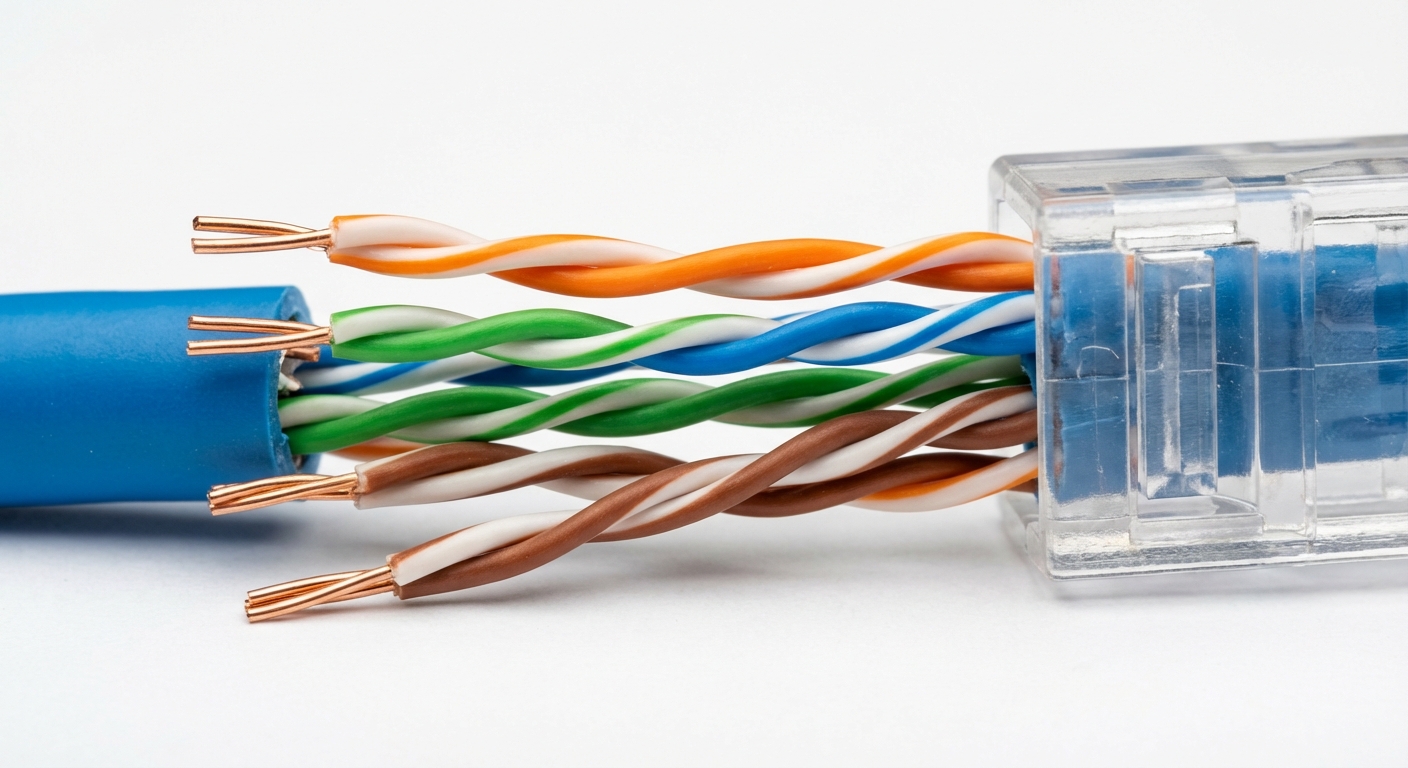 Photorealistic close-up of a Cat6 Ethernet cable with internal wires exposed