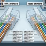 Diagram of RJ45 connector showing T568A and T568B color codes