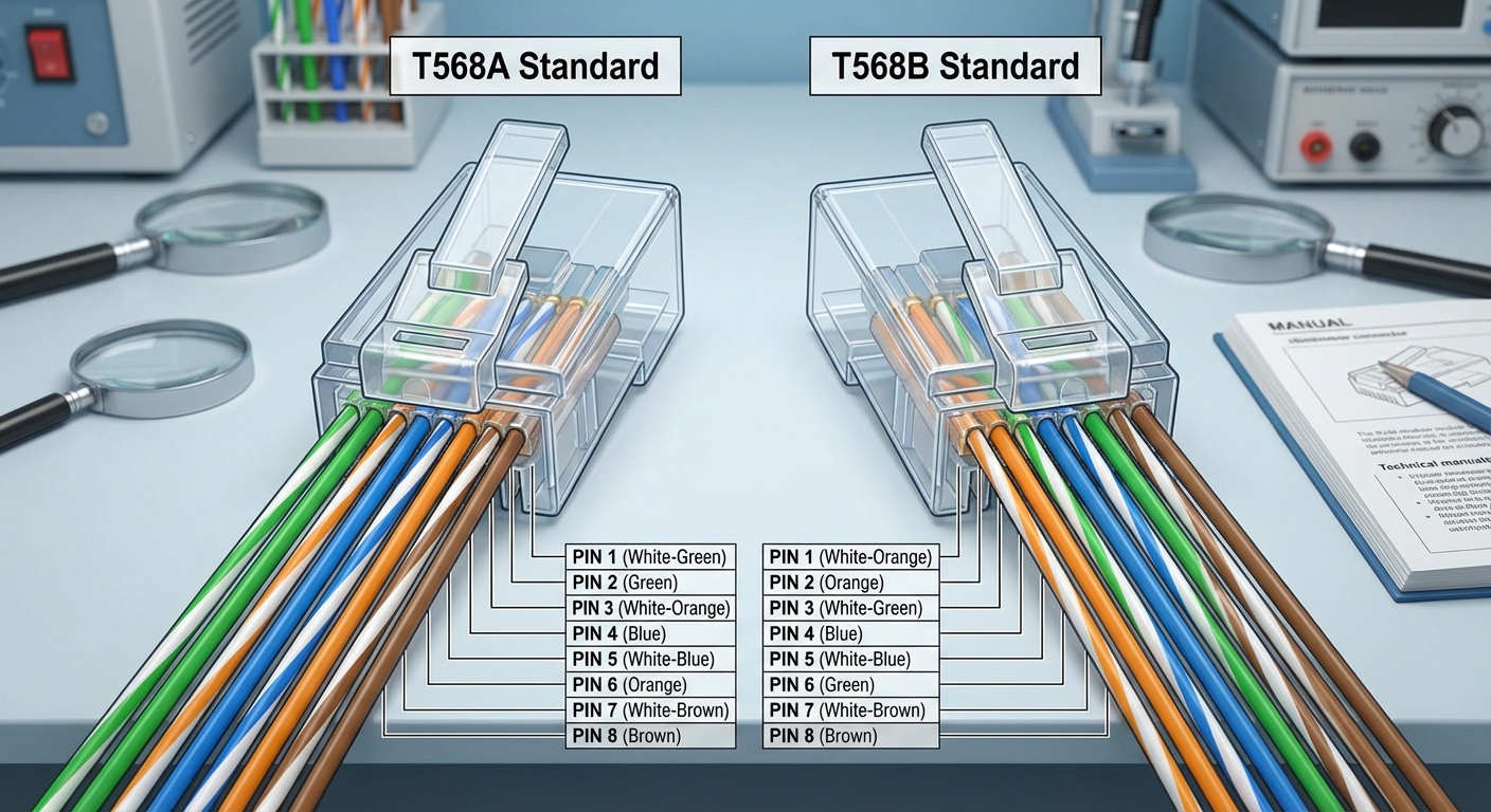 Diagram of RJ45 connector showing T568A and T568B color codes