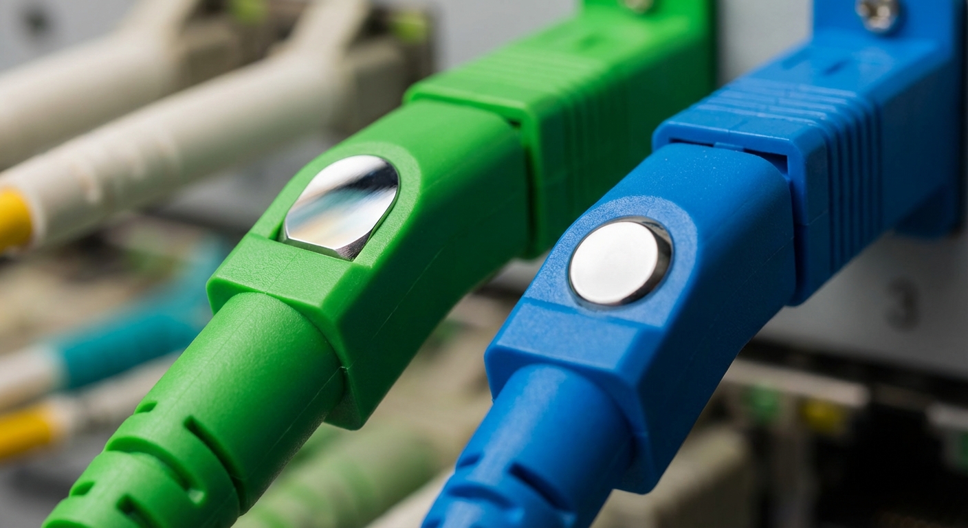 APC (green) and UPC (blue) fiber optic connectors comparison
