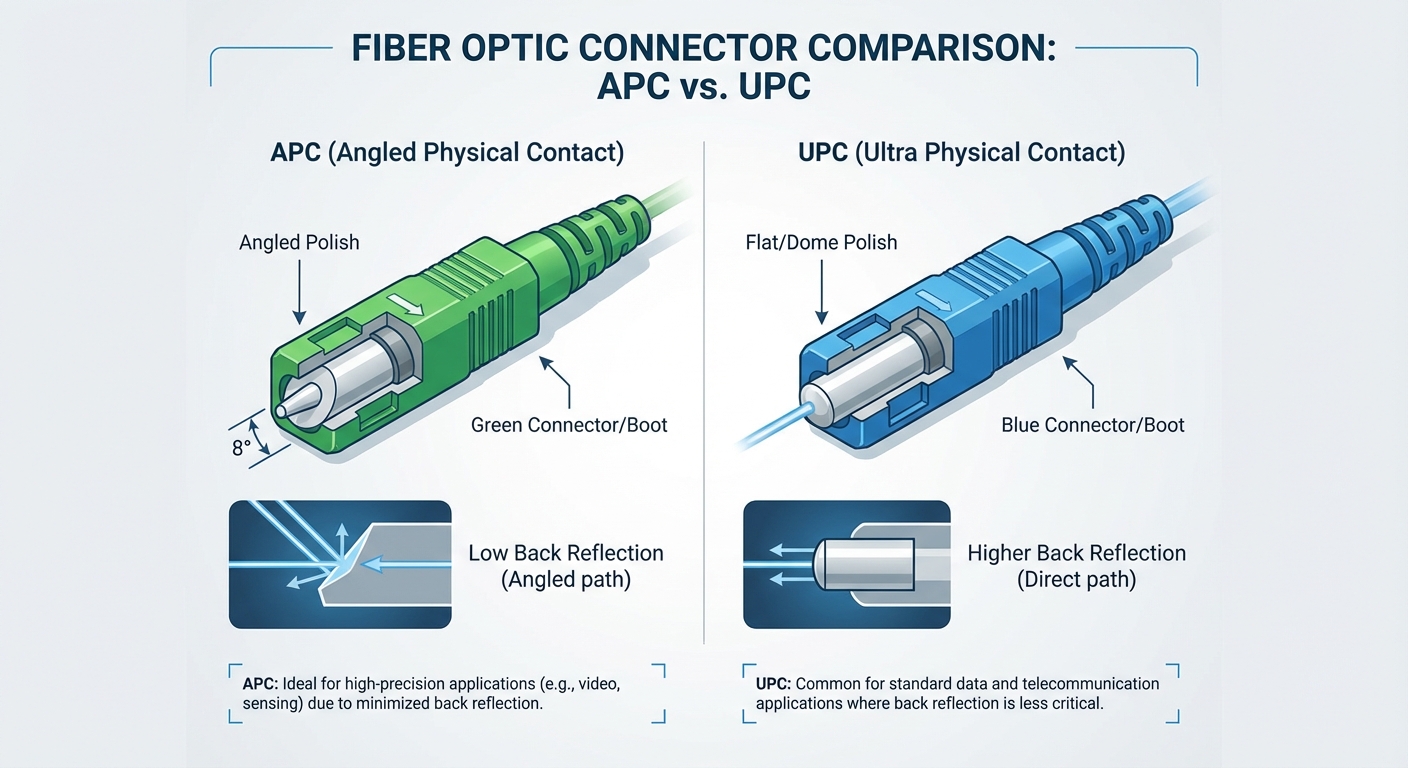 Technical diagram comparing APC and UPC fiber optic connectors