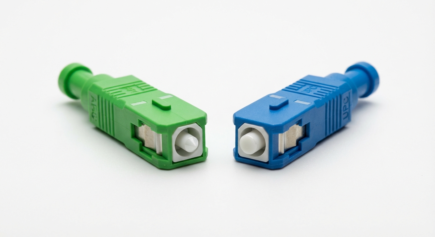 Photorealistic image of APC and UPC fiber optic connectors