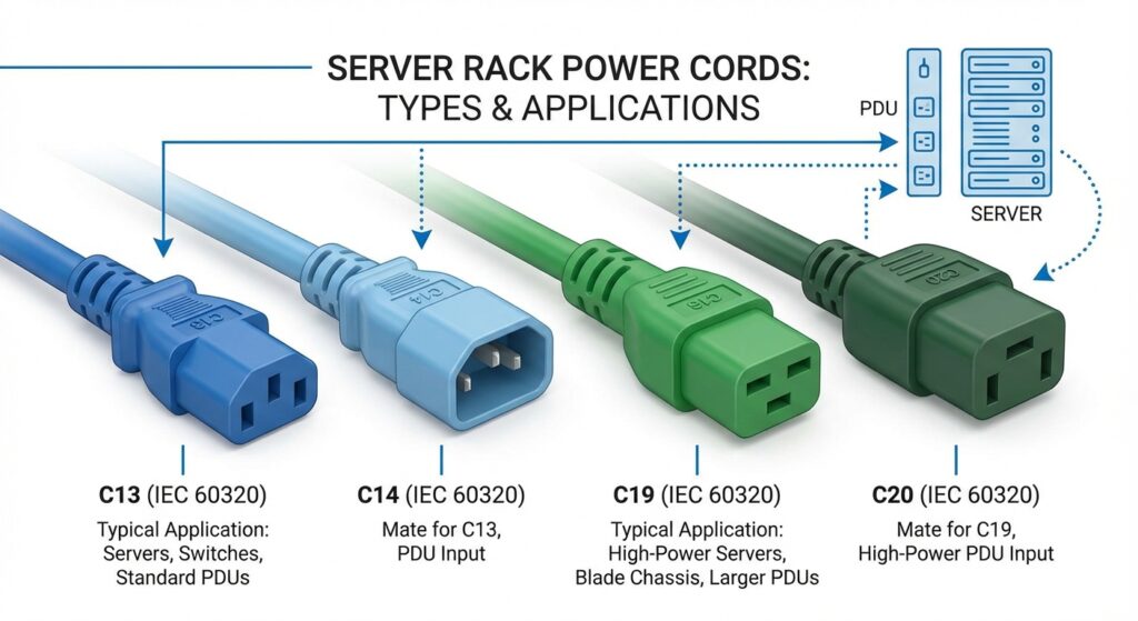 Server rack power cord color codes for data centers | Rotating USB Cable