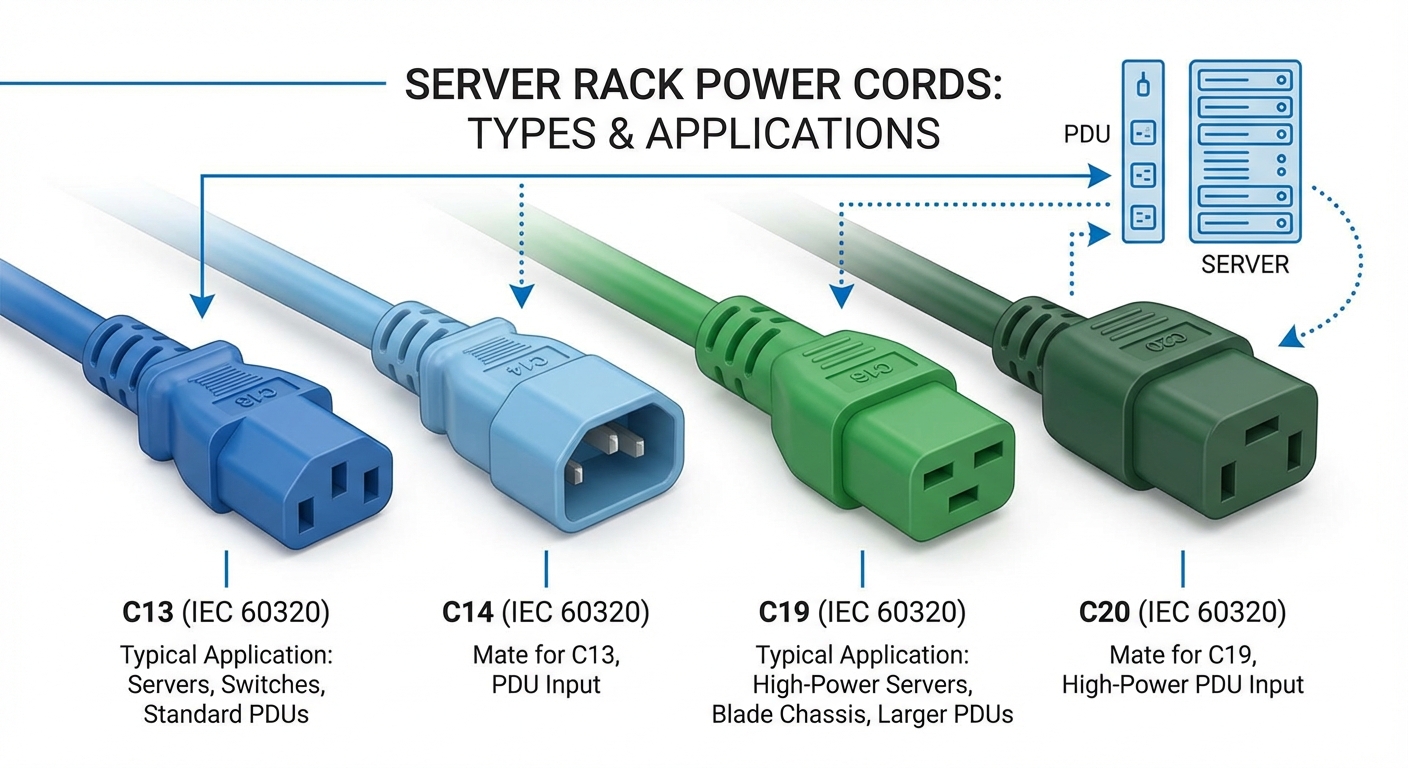 Technical diagram of server rack power cords including C13, C14, C19, and C20 with applications