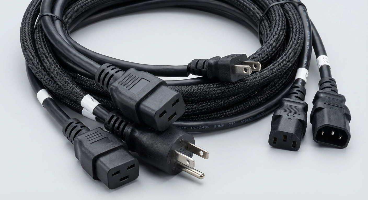 Photorealistic image of C13, C14, C19, and C20 power cords arranged aesthetically