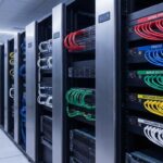 A server room showcasing color-coded PDUs and cables